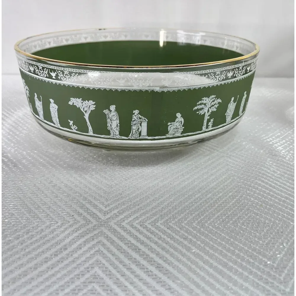 Jeannette Hellenic Green Band Glass Serving Bowl 8.75